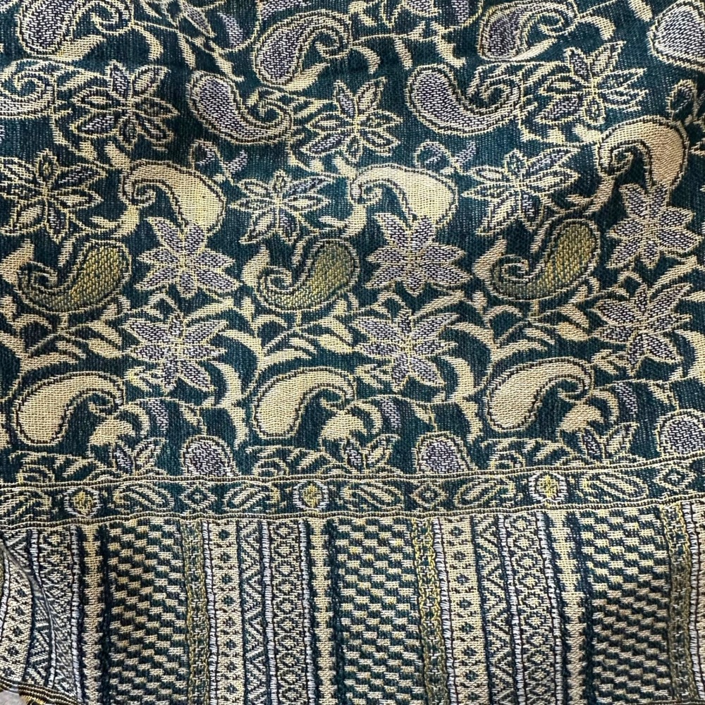 Pashmina Paisley Wrap Shawl Scarf Fringe Green Gold Cotton Silk Blend - Picture 2 of 8